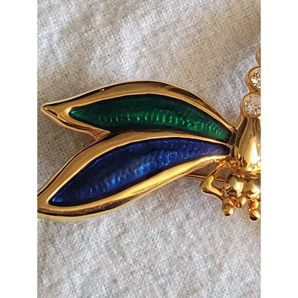 Dragonfly Pin Brooch Blue Green enamel on Wings Rhinestones on Tail Nice Quality - Picture 8 of 8